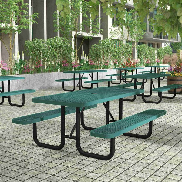 Flash Furniture Mantilla 6' Rect Picnic Tbl w/Grn Expanded Metal Msh Top and Seats and Black Steel Frame w/Anchors SLF-EML72-H48L-GN-GG